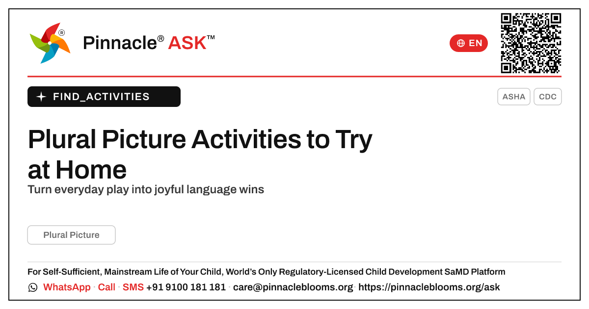 How to Work on Plural Picture with Your Child at Home — Pinnacle Ask answer card with a short explanation and QR link