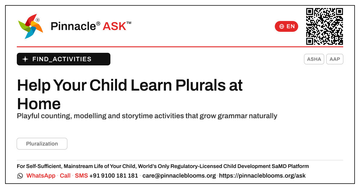 How can I work on Pluralization with my child at home? — Pinnacle Ask answer card with a short explanation and QR link