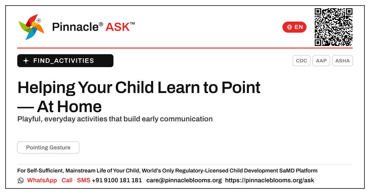 How to Work on Pointing Gesture at Home — Pinnacle Ask answer card with a short explanation and QR link