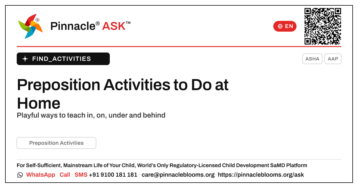 How can I work on Preposition Activities with my child at home? — Pinnacle Ask answer card with a short explanation and QR link
