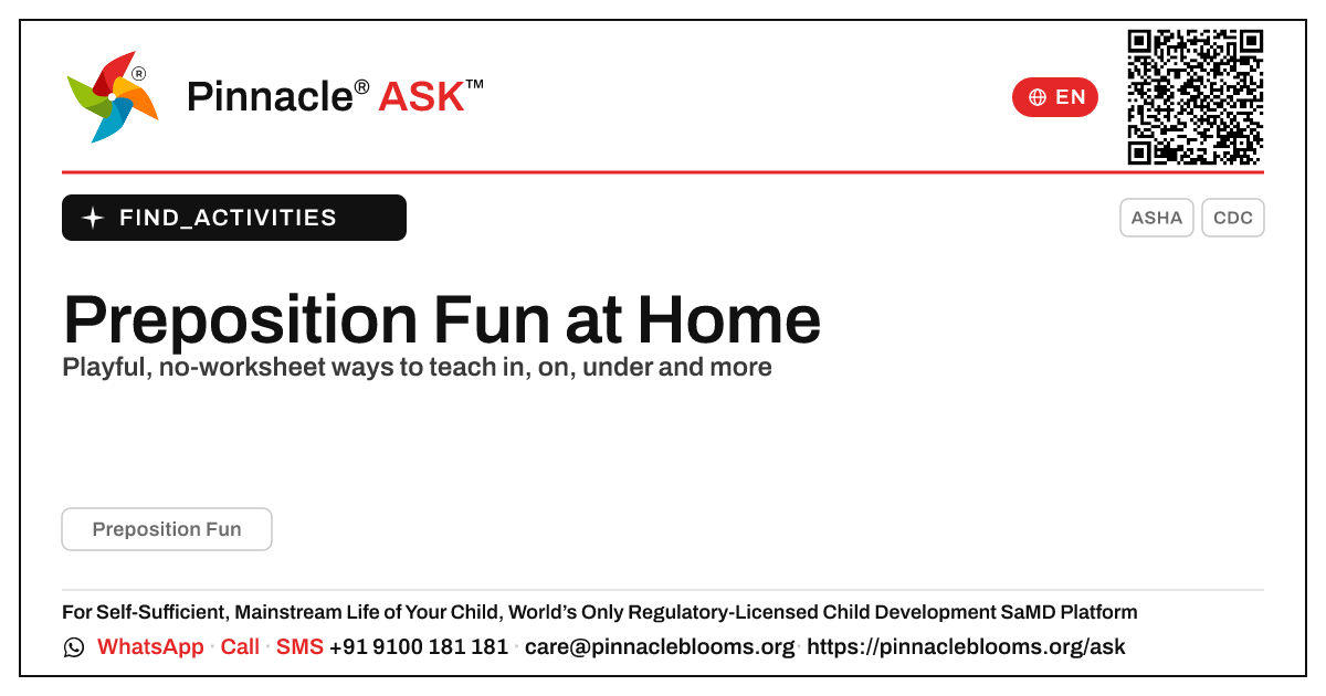 How to Work on Preposition Fun at Home — Pinnacle Ask answer card with a short explanation and QR link