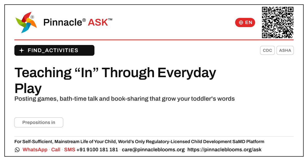 How can I work on the preposition “in” with my child at home? — Pinnacle Ask answer card with a short explanation and QR link