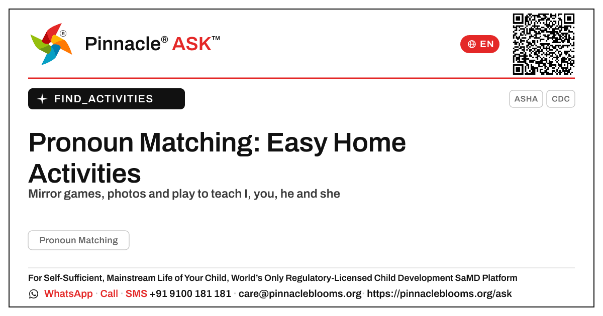 How can I work on Pronoun Matching with my child at home? — Pinnacle Ask answer card with a short explanation and QR link