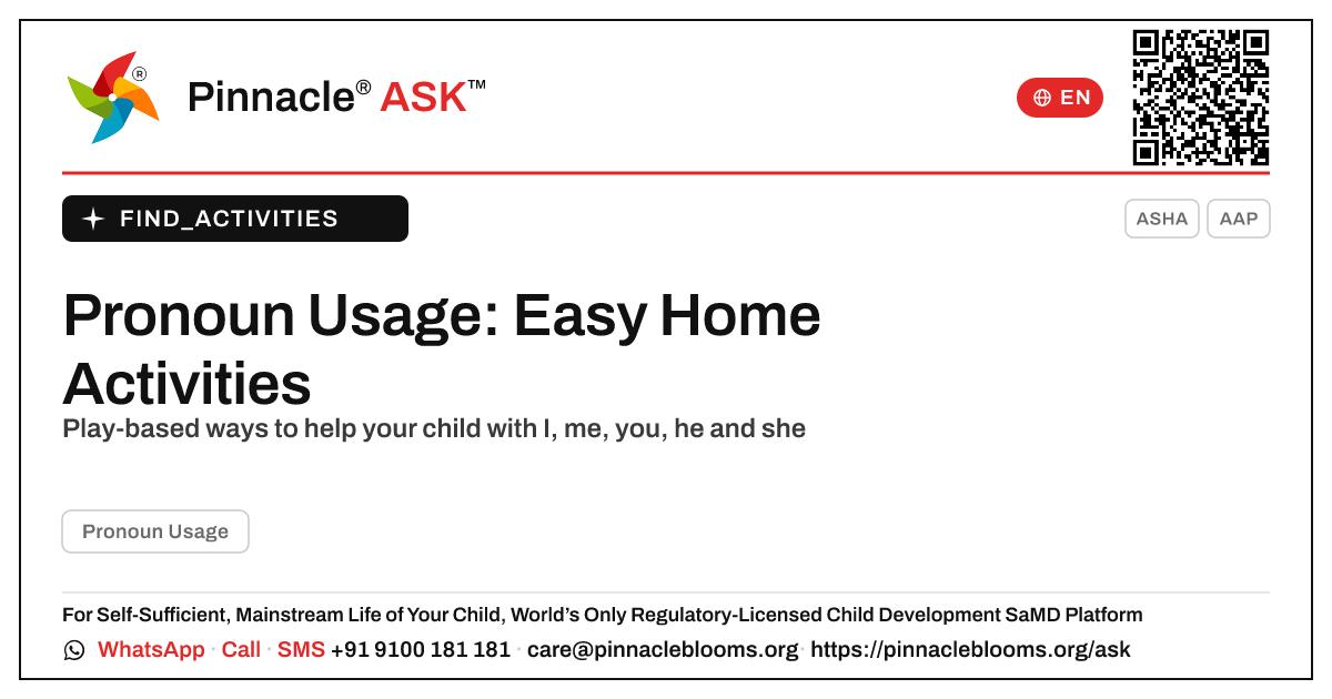 How can I work on Pronoun Usage with my child at home? — Pinnacle Ask answer card with a short explanation and QR link