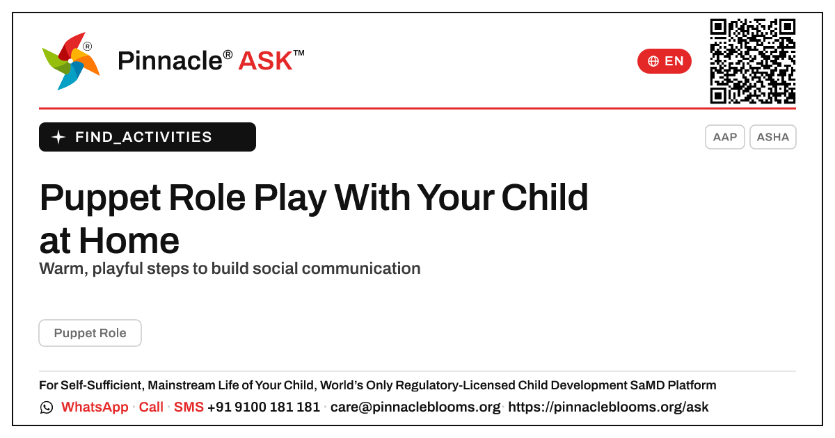 Puppet Role Play at Home — Pinnacle Ask answer card with a short explanation and QR link