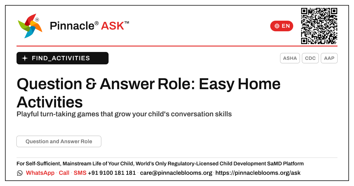 How can I work on Question and Answer Role with my child at home? — Pinnacle Ask answer card with a short explanation and QR link