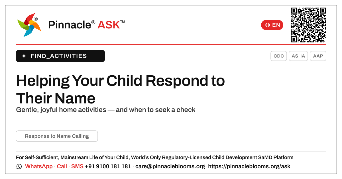 How to Work on Response to Name Calling at Home — Pinnacle Ask answer card with a short explanation and QR link