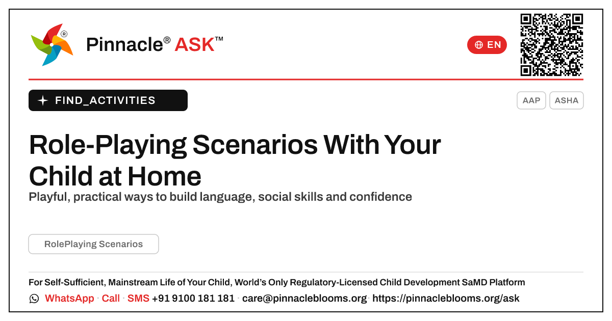 How can I work on Role-Playing Scenarios with my child at home? — Pinnacle Ask answer card with a short explanation and QR link