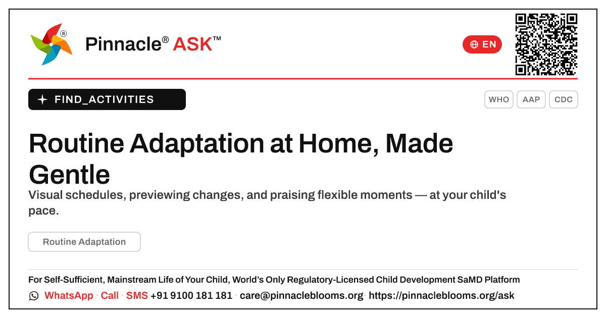 How can I work on Routine Adaptation with my child at home? — Pinnacle Ask answer card with a short explanation and QR link