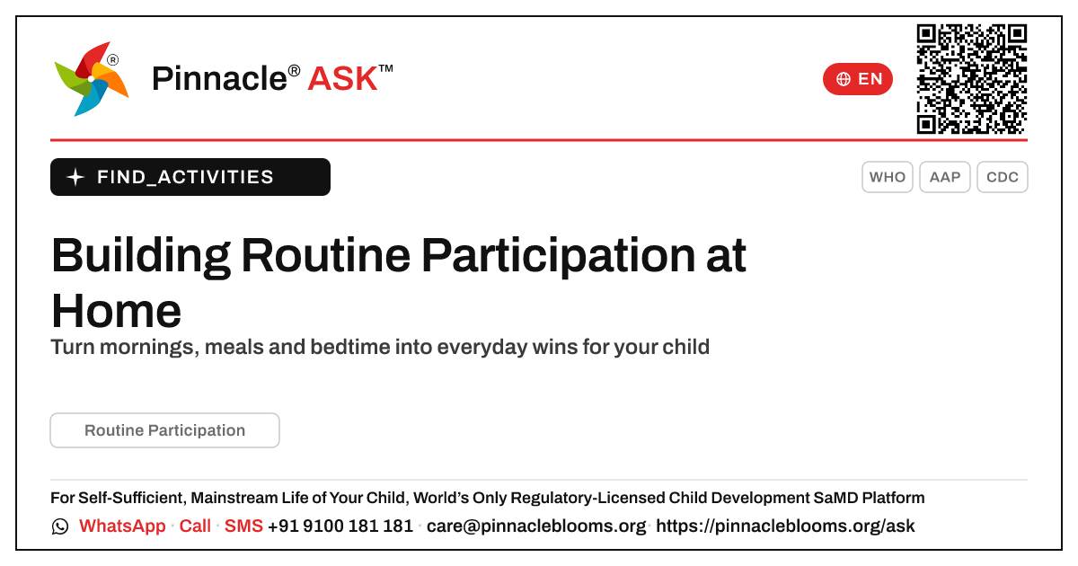 How can I work on Routine Participation with my child at home? — Pinnacle Ask answer card with a short explanation and QR link