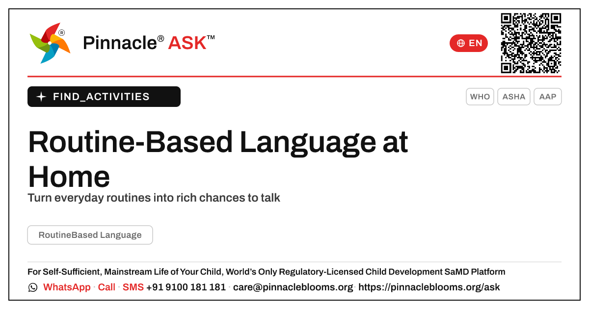 How can I work on Routine-Based Language with my child at home? — Pinnacle Ask answer card with a short explanation and QR link