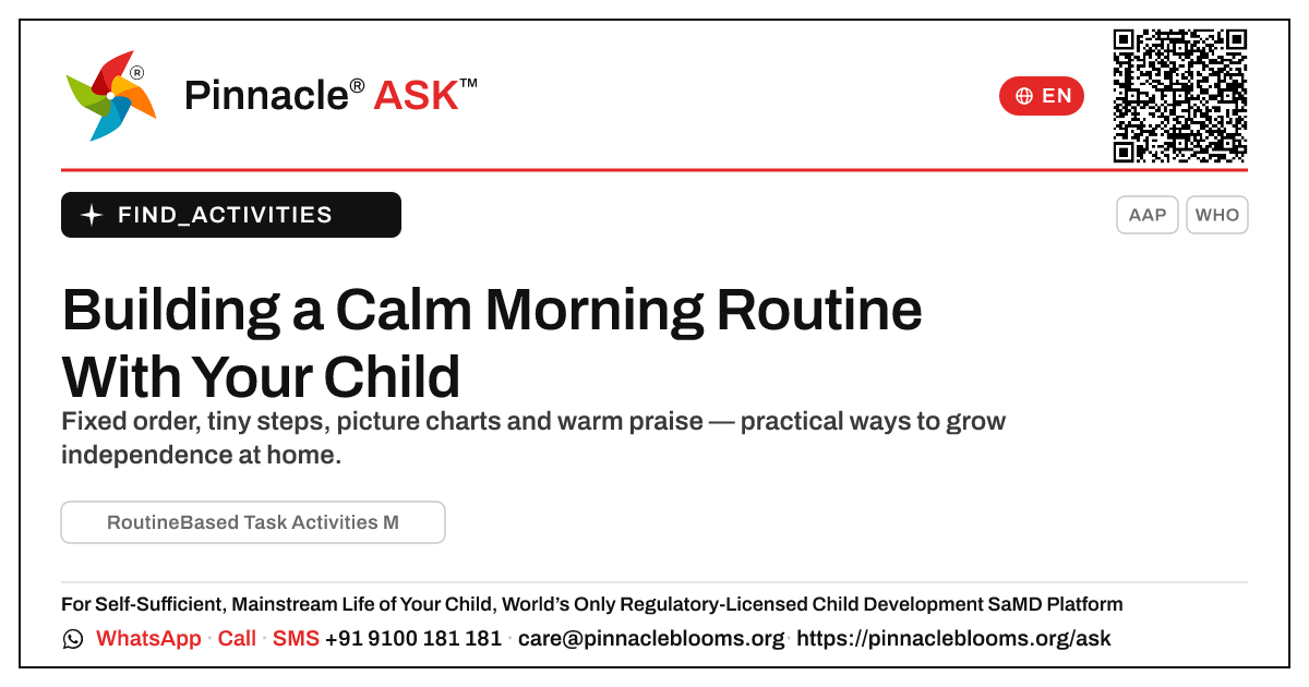 How to Work on Morning Routine Activities With Your Child at Home — Pinnacle Ask answer card with a short explanation and QR link