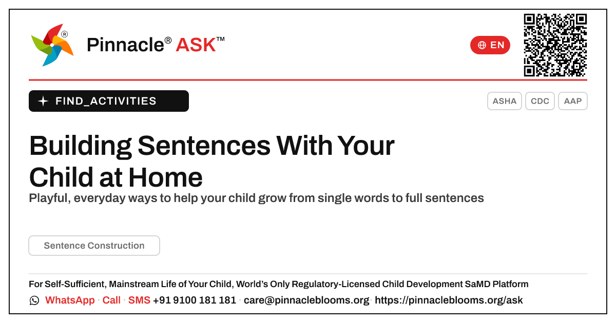 How can I work on Sentence Construction with my child at home? — Pinnacle Ask answer card with a short explanation and QR link