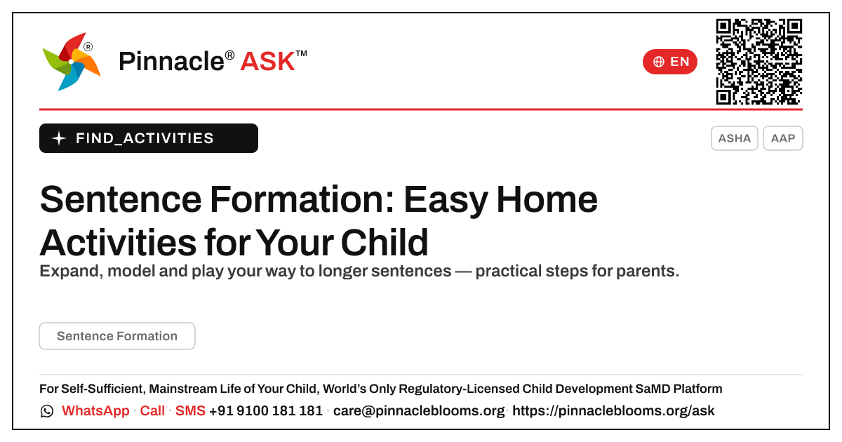 How to Work on Sentence Formation With Your Child at Home — Pinnacle Ask answer card with a short explanation and QR link