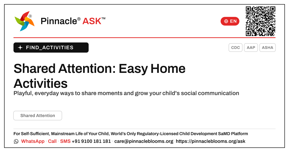 How to Work on Shared Attention at Home — Pinnacle Ask answer card with a short explanation and QR link