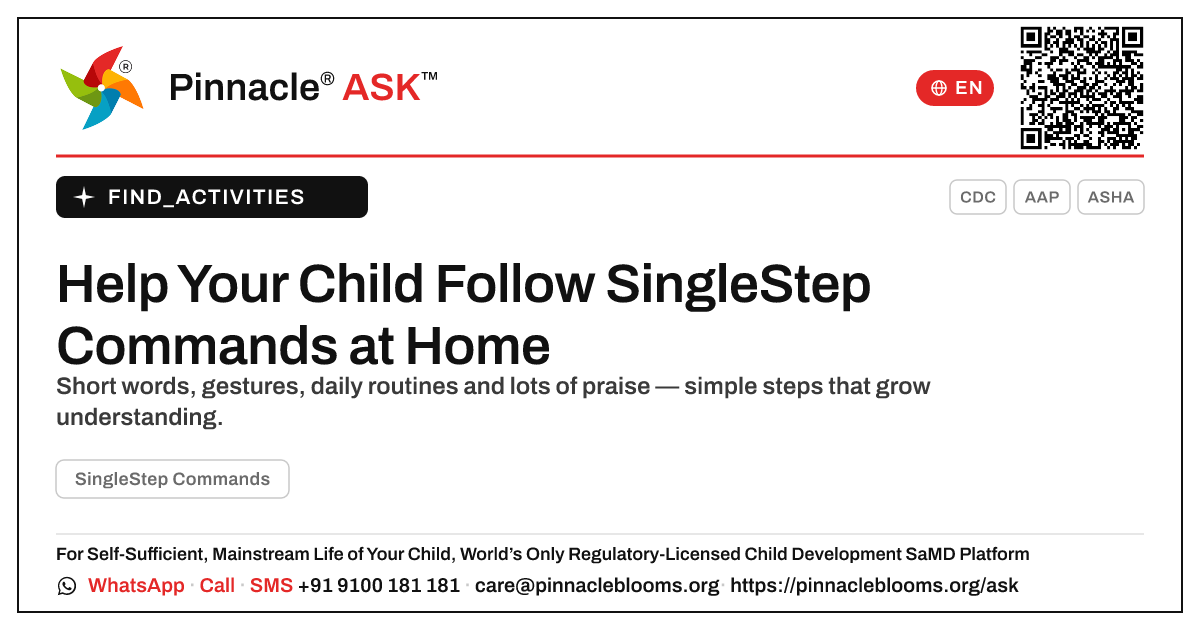 Working on SingleStep Commands at Home — Pinnacle Ask answer card with a short explanation and QR link