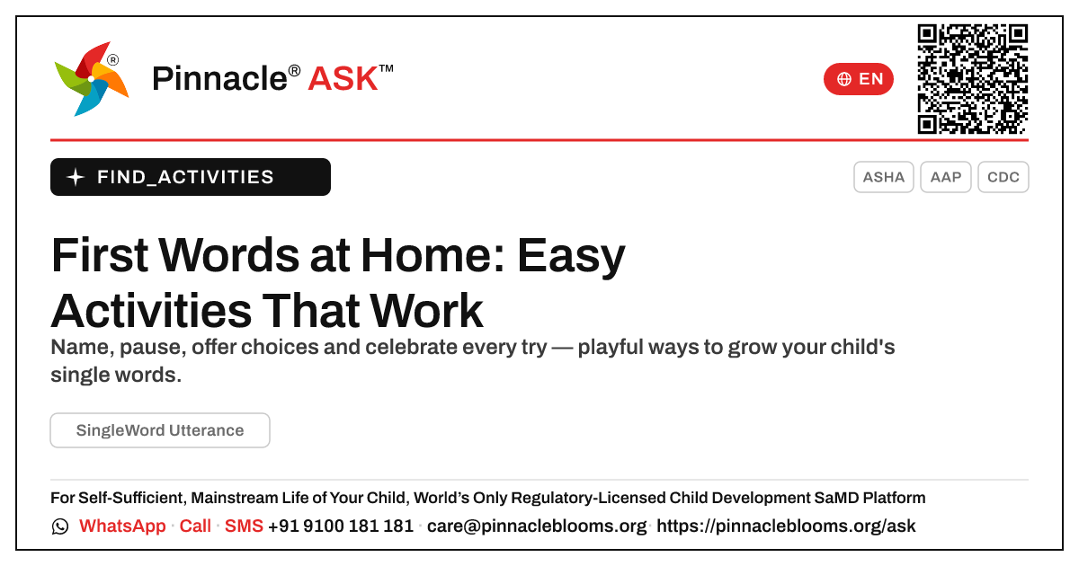 How can I work on single-word talking with my child at home? — Pinnacle Ask answer card with a short explanation and QR link
