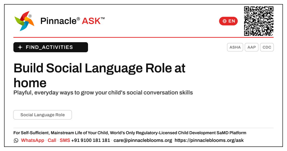 How can I work on Social Language Role with my child at home? — Pinnacle Ask answer card with a short explanation and QR link