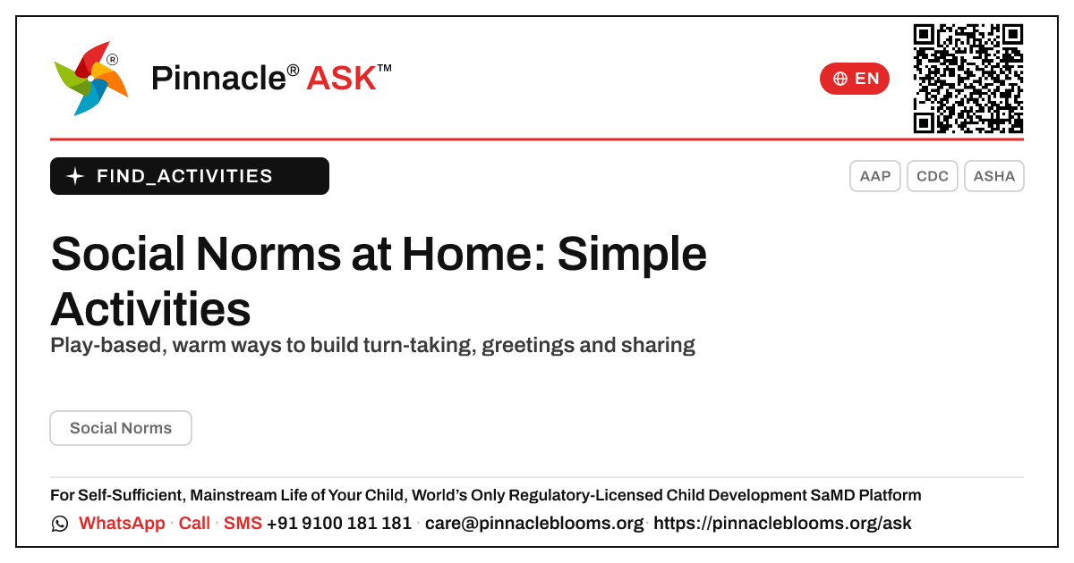 How can I work on Social Norms with my child at home? — Pinnacle Ask answer card with a short explanation and QR link