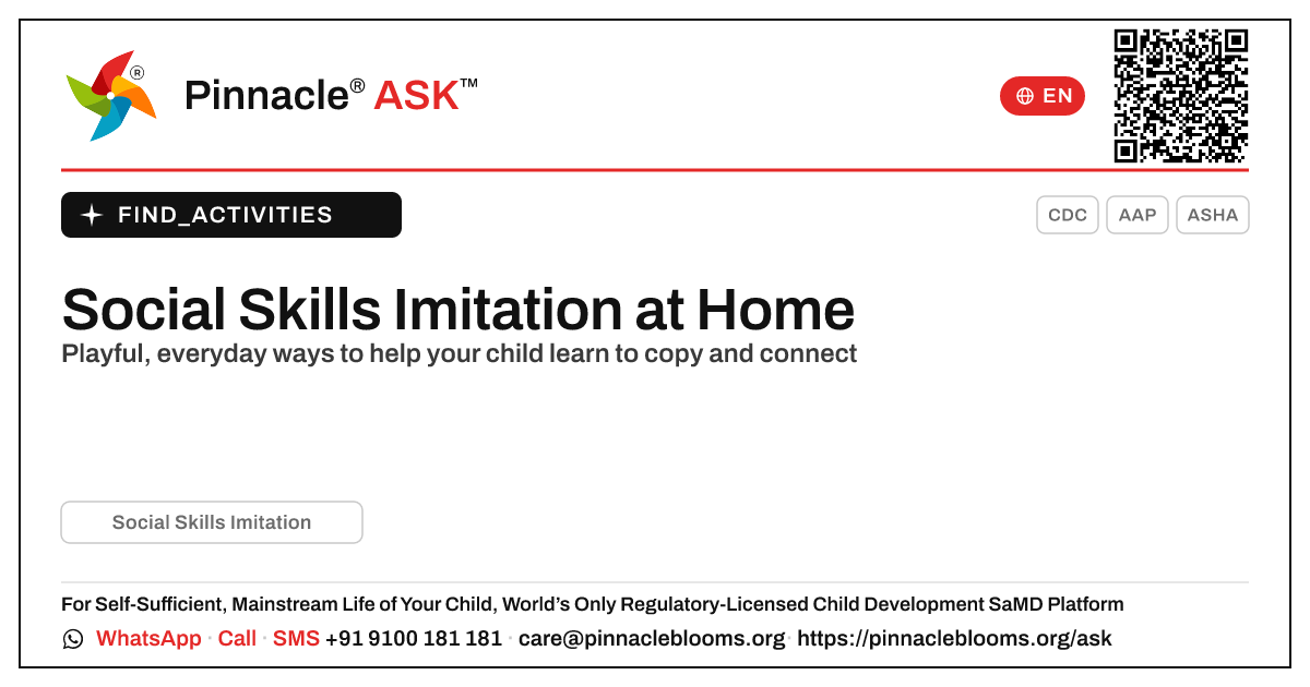 How to Work on Social Skills Imitation at Home — Pinnacle Ask answer card with a short explanation and QR link
