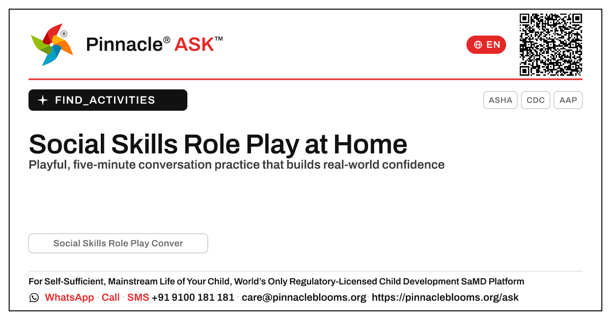 How can I work on social skills role play conversation with my child at home? — Pinnacle Ask answer card with a short explanation and QR link