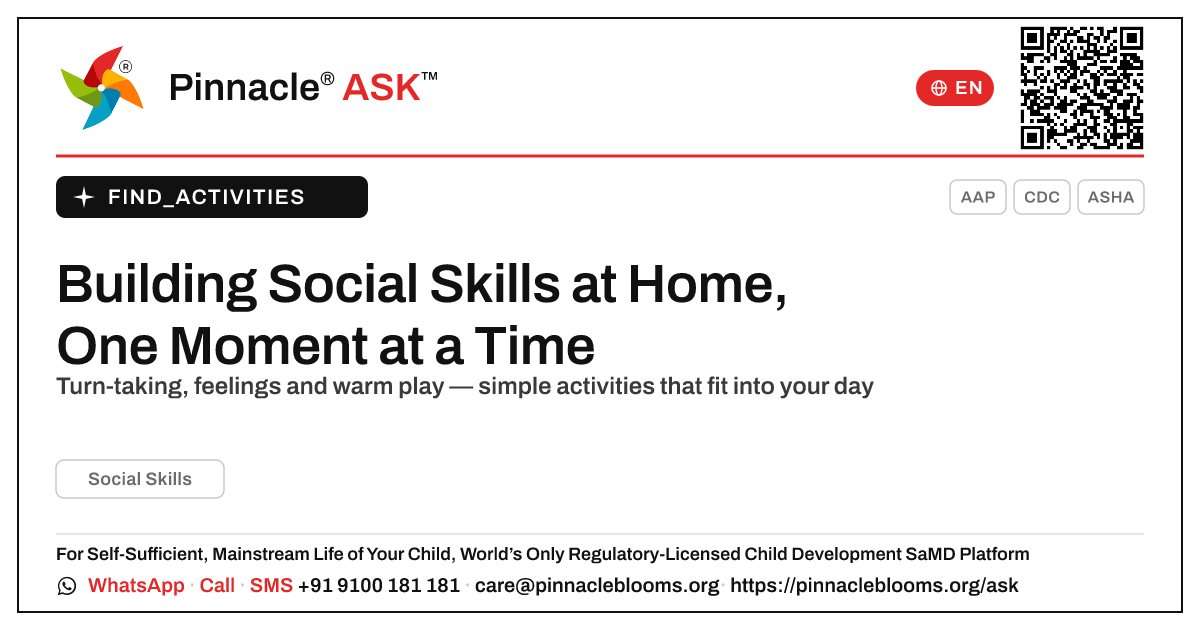 How can I work on Social Skills with my child at home? — Pinnacle Ask answer card with a short explanation and QR link