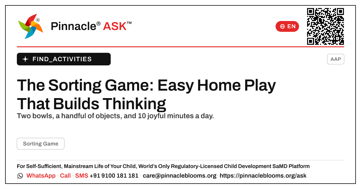 How can I work on Sorting Game with my child at home? — Pinnacle Ask answer card with a short explanation and QR link