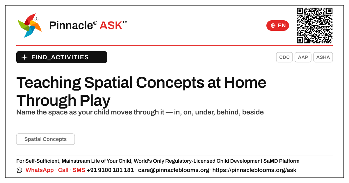 How to Work on Spatial Concepts at Home — Pinnacle Ask answer card with a short explanation and QR link