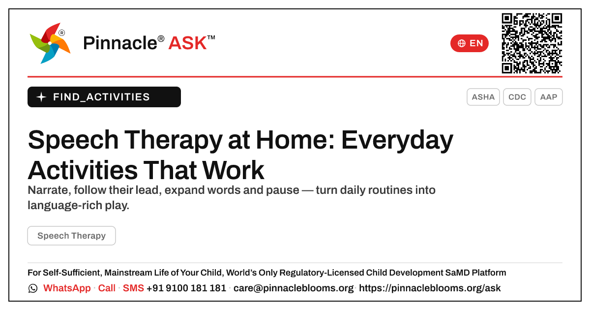 How can I work on Speech Therapy with my child at home? — Pinnacle Ask answer card with a short explanation and QR link