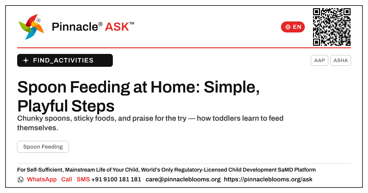 How to Work on Spoon Feeding at Home — Pinnacle Ask answer card with a short explanation and QR link