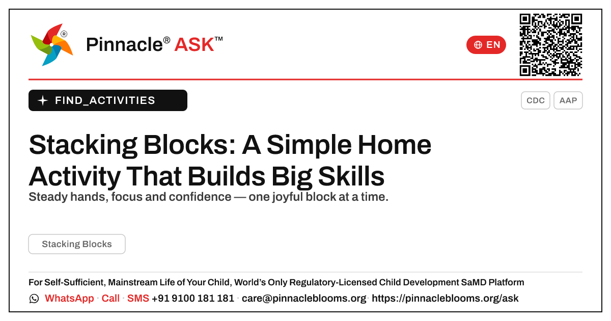How can I work on Stacking Blocks with my child at home? — Pinnacle Ask answer card with a short explanation and QR link
