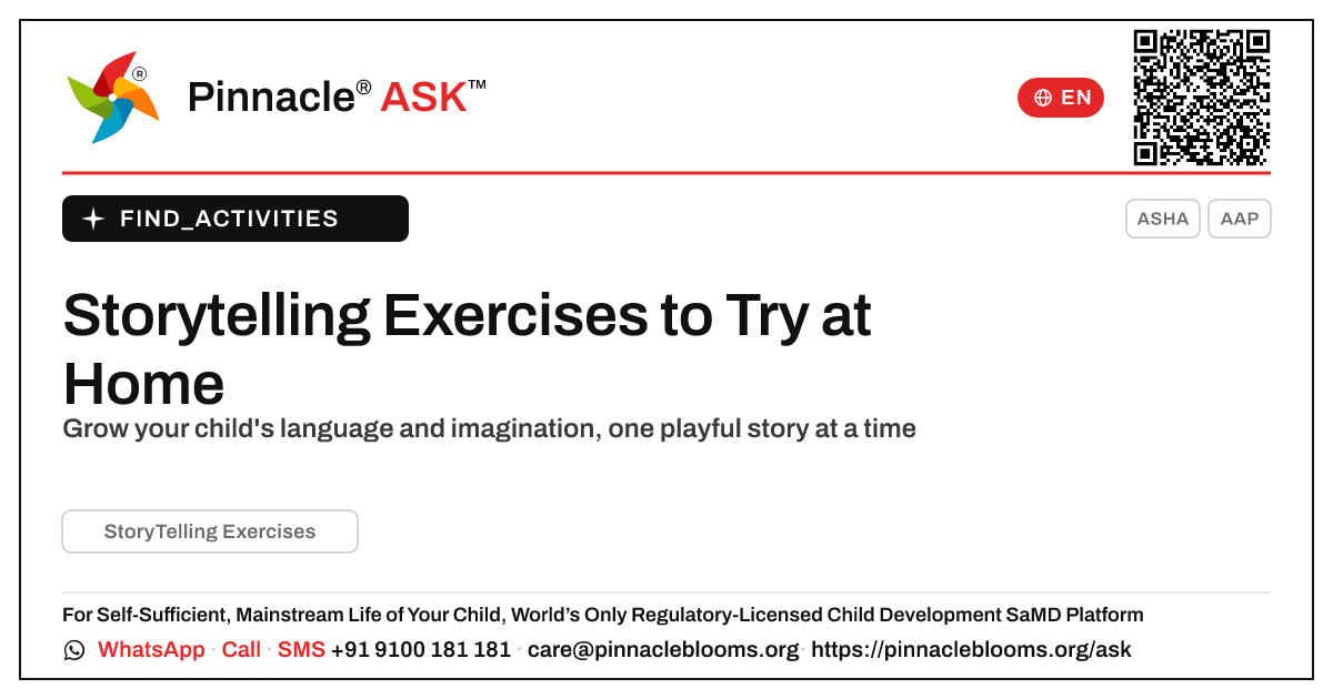 How to Do Storytelling Exercises With Your Child at Home — Pinnacle Ask answer card with a short explanation and QR link