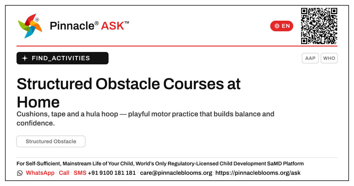 How to Work on Structured Obstacle Courses at Home — Pinnacle Ask answer card with a short explanation and QR link