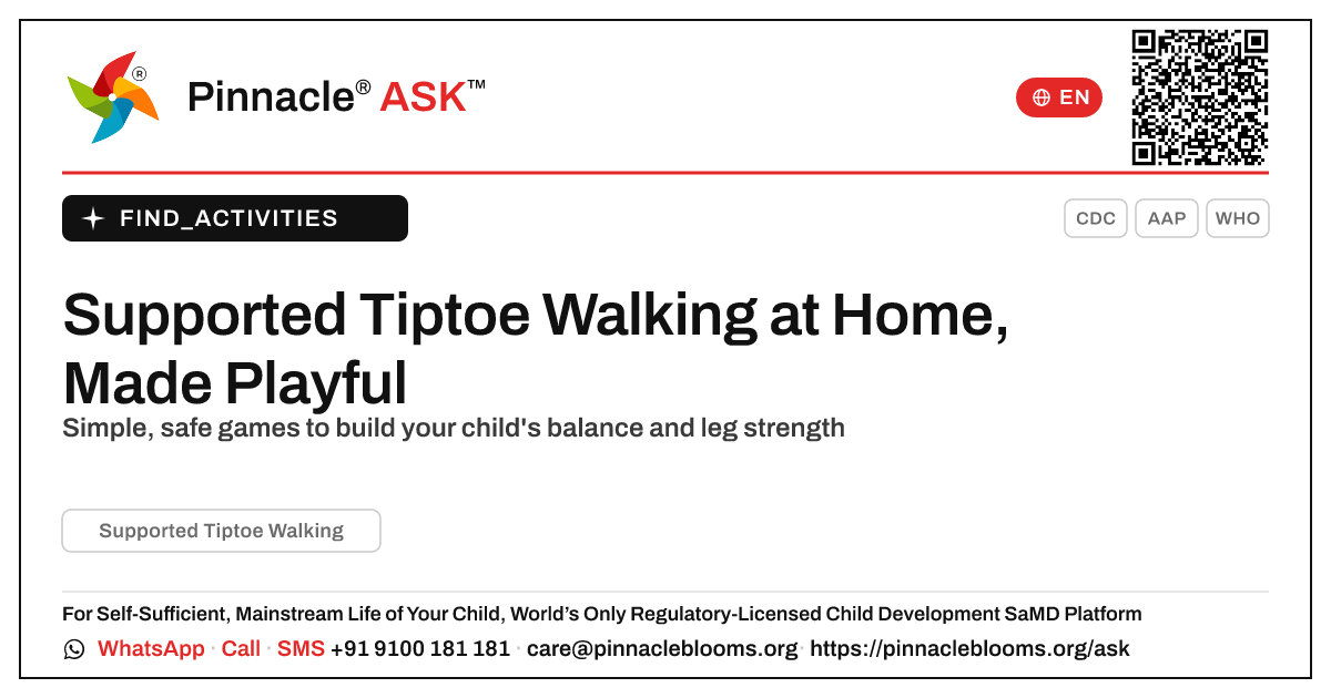How to Practise Supported Tiptoe Walking at Home — Pinnacle Ask answer card with a short explanation and QR link
