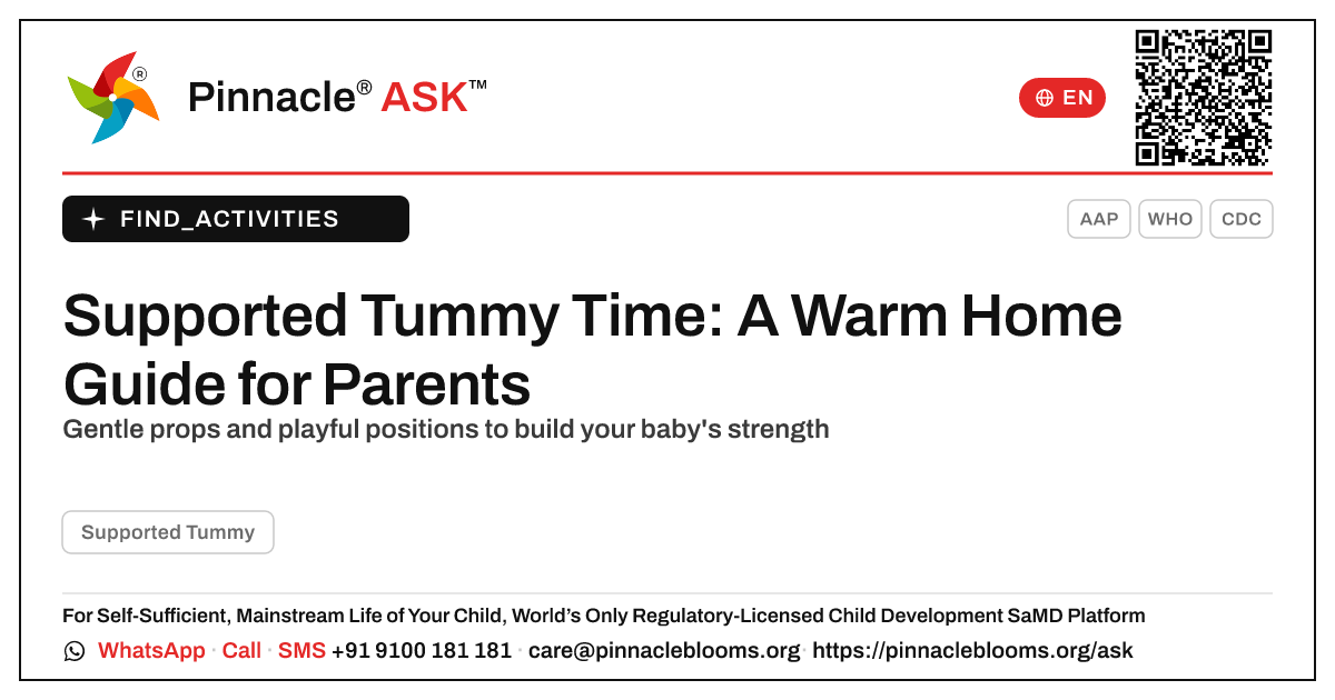 Supported Tummy Time at Home — Pinnacle Ask answer card with a short explanation and QR link