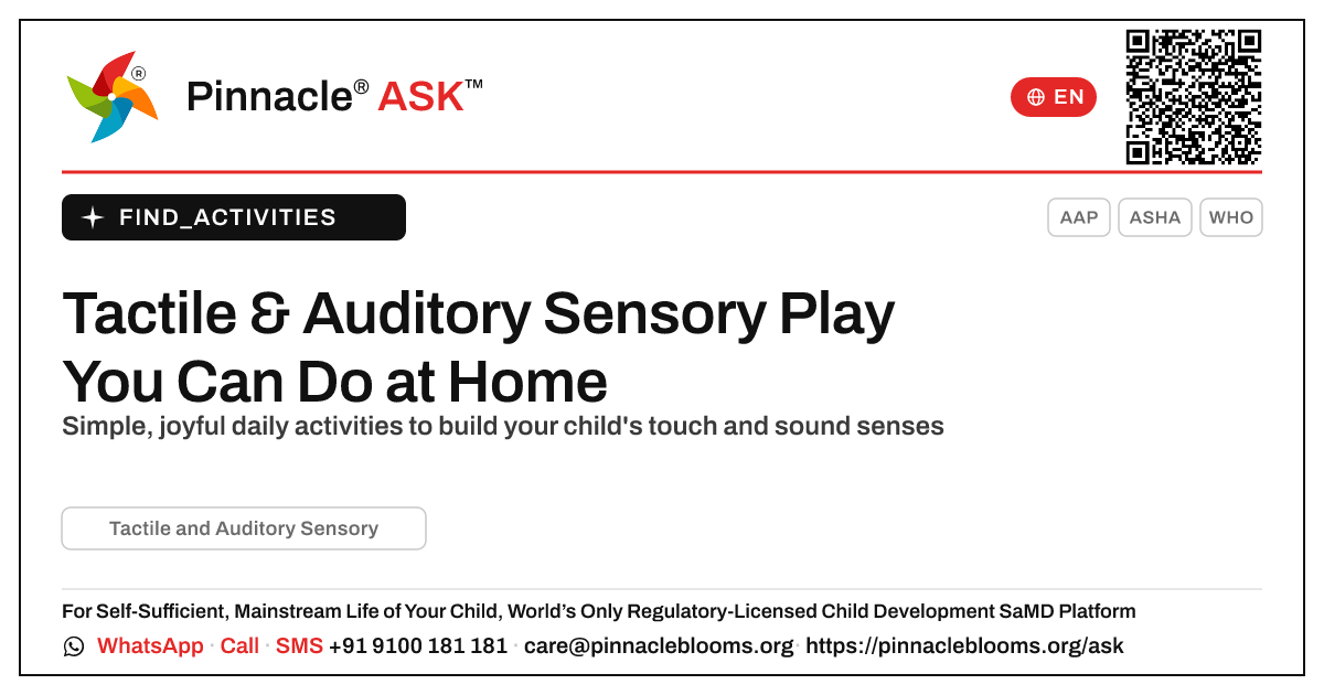 How to work on tactile and auditory sensory skills at home — Pinnacle Ask answer card with a short explanation and QR link