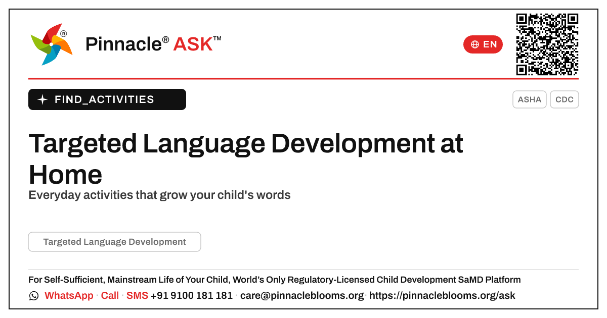 How to Work on Targeted Language Development at Home — Pinnacle Ask answer card with a short explanation and QR link