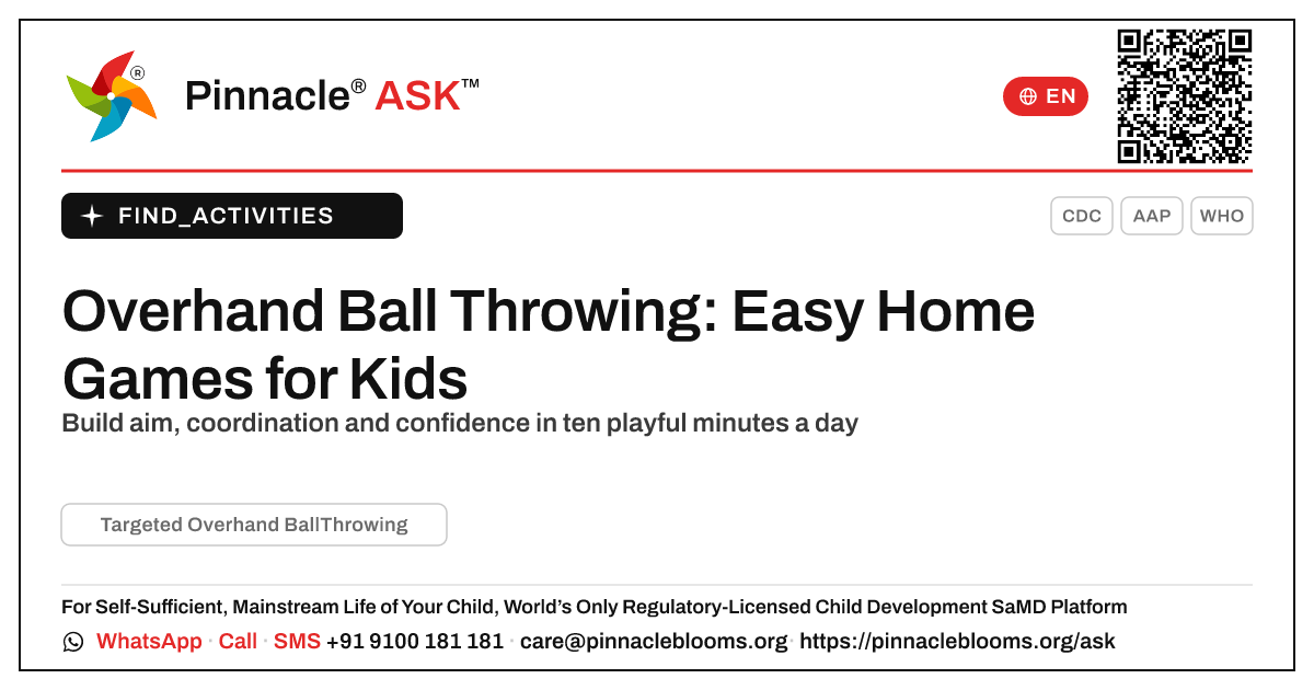 How to Work on Targeted Overhand Ball Throwing at Home — Pinnacle Ask answer card with a short explanation and QR link
