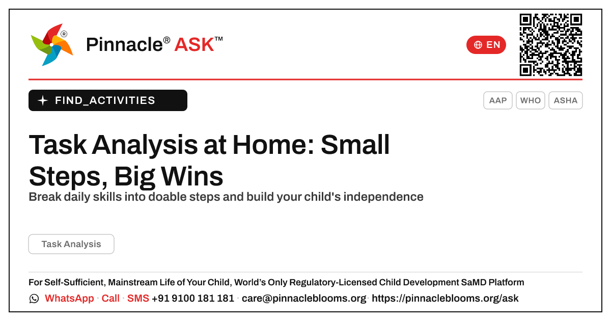 How can I work on Task Analysis with my child at home? — Pinnacle Ask answer card with a short explanation and QR link
