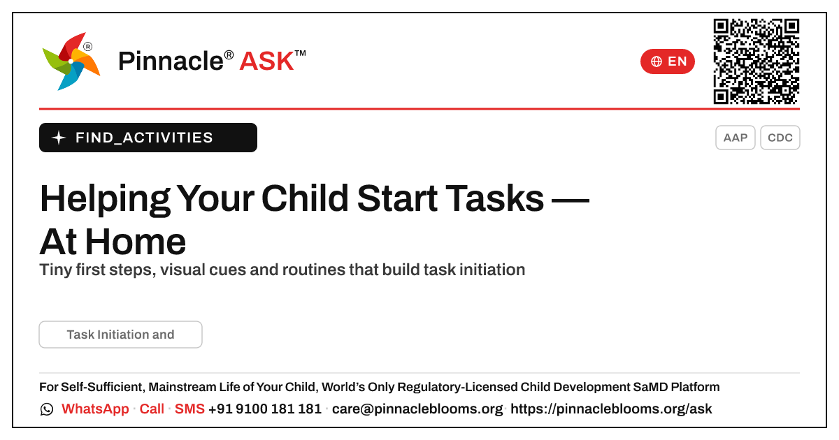 How to Work on Task Initiation With Your Child at Home — Pinnacle Ask answer card with a short explanation and QR link
