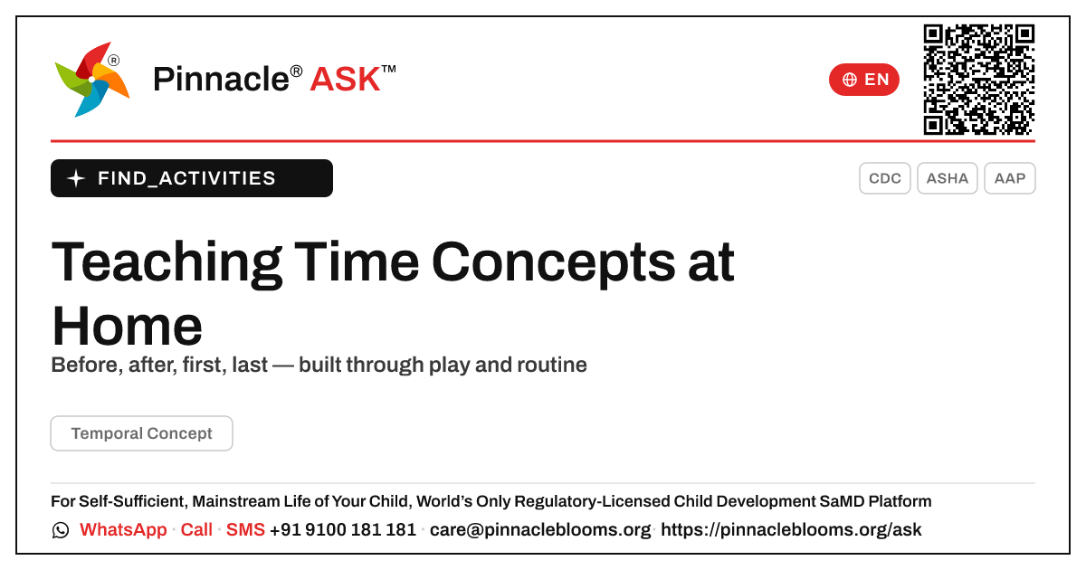 How can I work on Temporal Concepts with my child at home? — Pinnacle Ask answer card with a short explanation and QR link