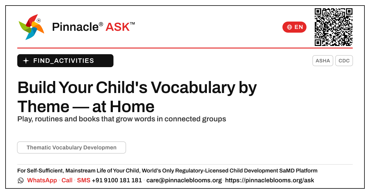 How to Work on Thematic Vocabulary Development at Home — Pinnacle Ask answer card with a short explanation and QR link