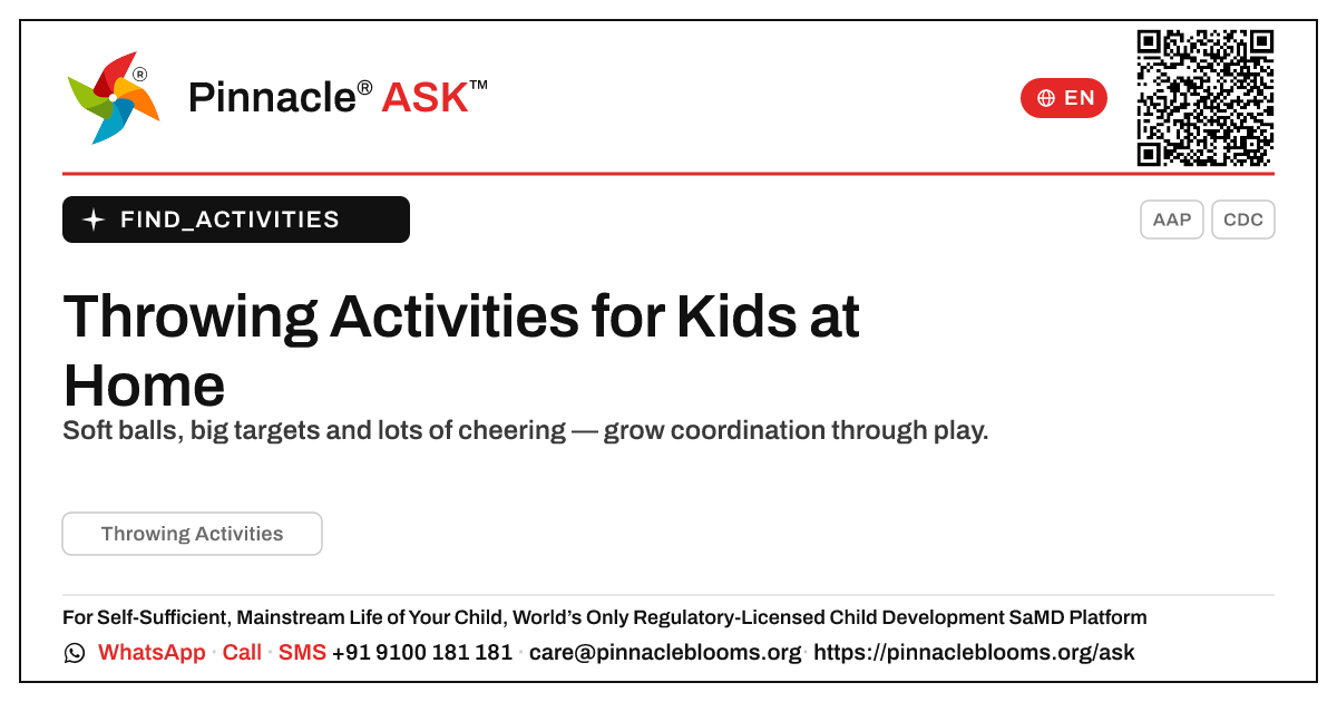 How can I work on Throwing Activities with my child at home? — Pinnacle Ask answer card with a short explanation and QR link