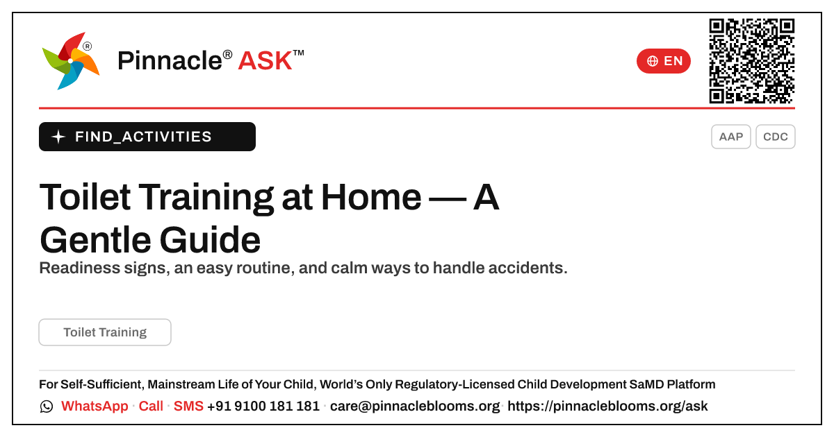 How can I work on Toilet Training with my child at home? — Pinnacle Ask answer card with a short explanation and QR link