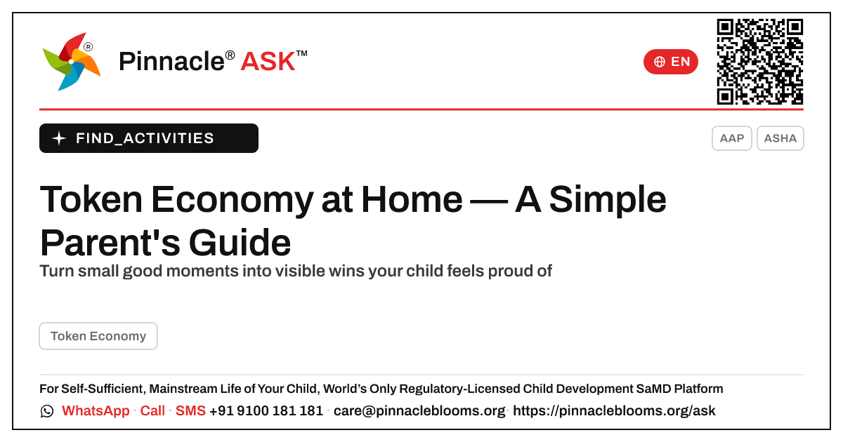 How can I work on Token Economy with my child at home? — Pinnacle Ask answer card with a short explanation and QR link
