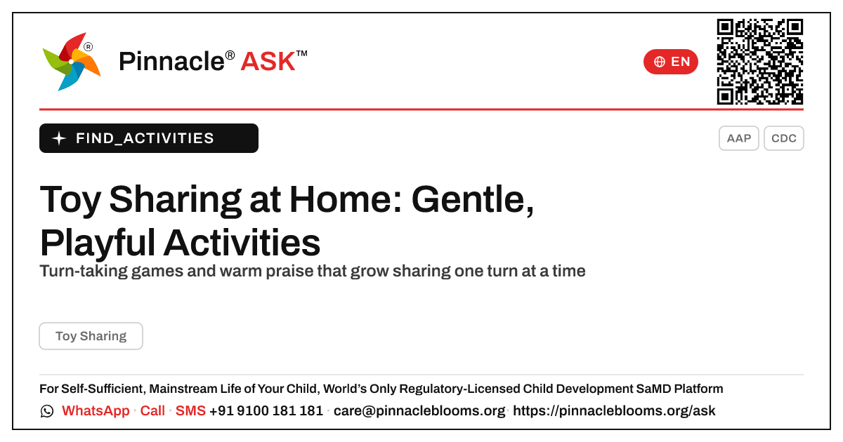 How can I work on Toy Sharing with my child at home? — Pinnacle Ask answer card with a short explanation and QR link