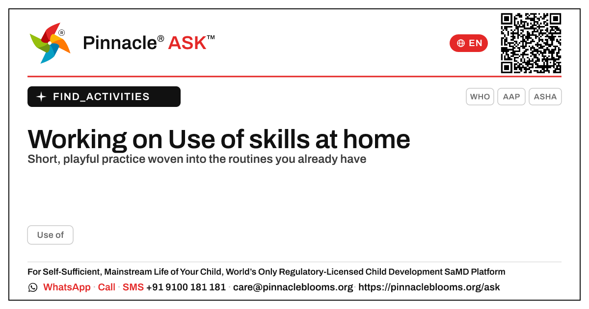 How can I work on Use of with my child at home? — Pinnacle Ask answer card with a short explanation and QR link