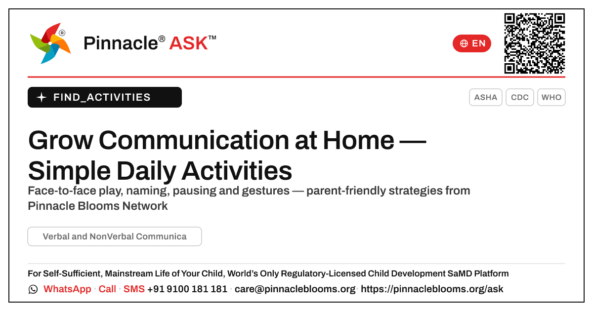 How can I work on Verbal and NonVerbal Communication with my child at home? — Pinnacle Ask answer card with a short explanation and QR link