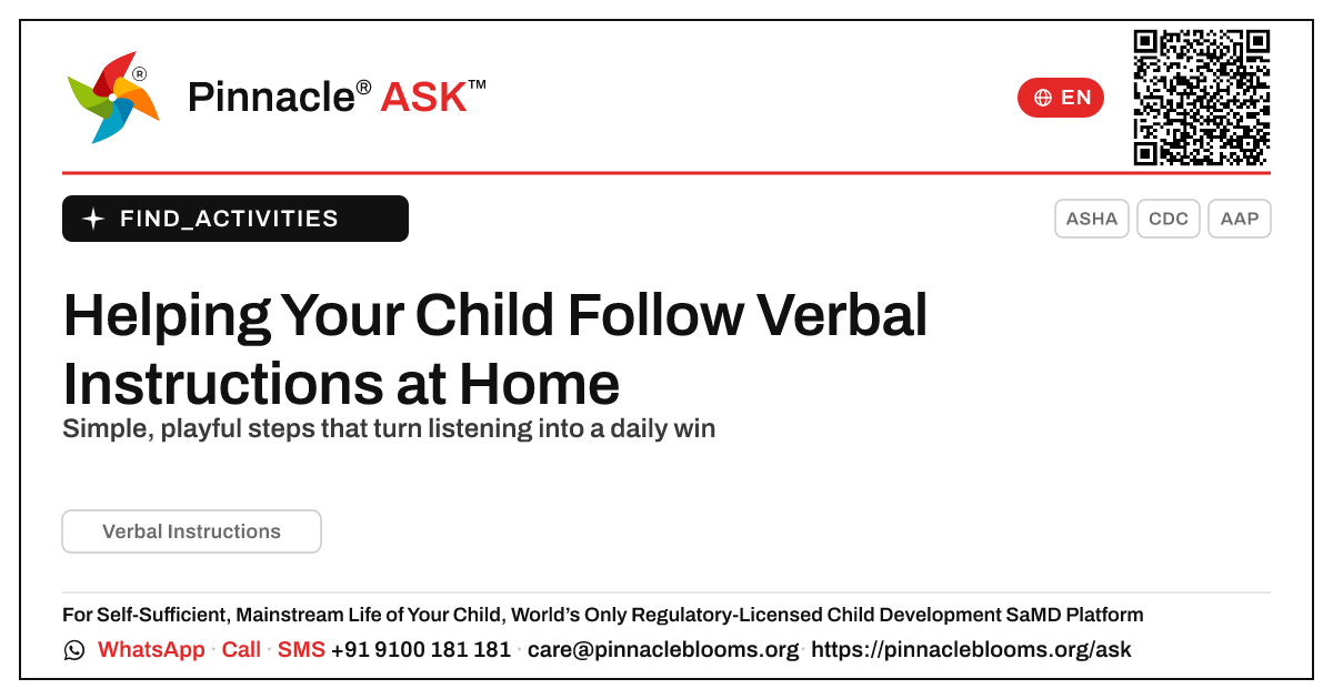 How can I work on Verbal Instructions with my child at home? — Pinnacle Ask answer card with a short explanation and QR link