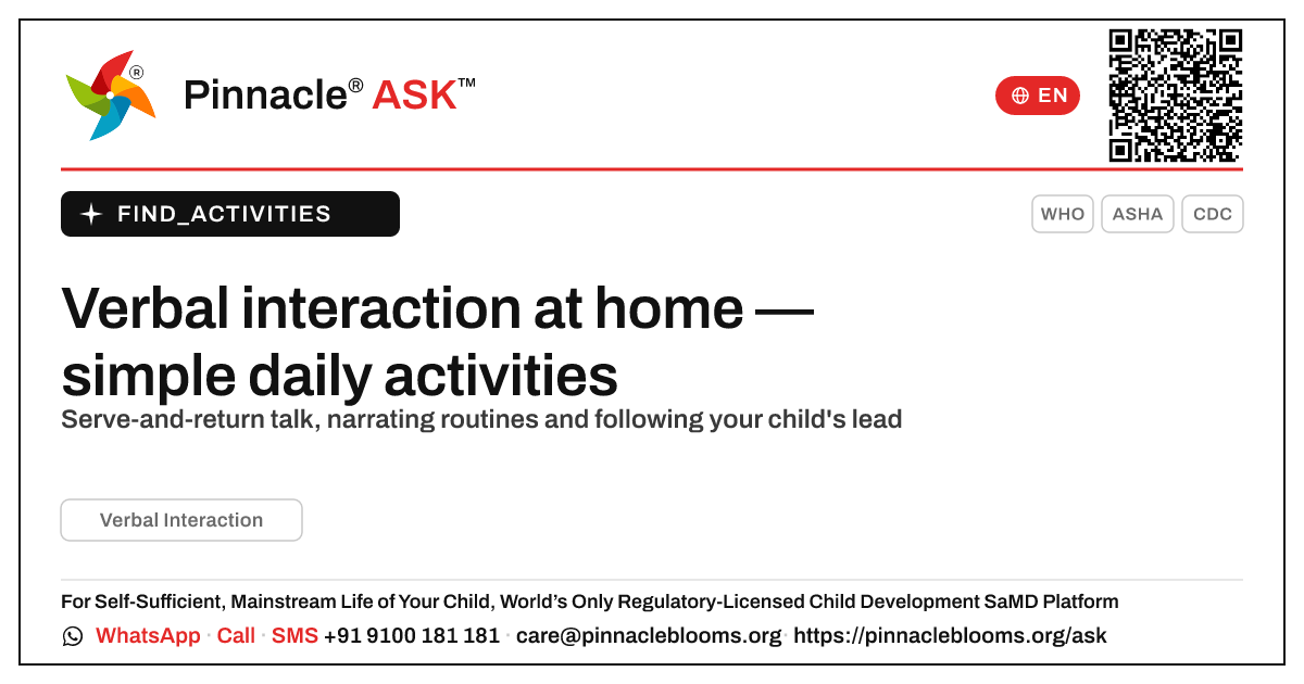 How can I work on verbal interaction with my child at home? — Pinnacle Ask answer card with a short explanation and QR link